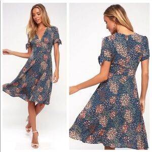 Lulus Austyn Navy Blue Floral Print Tie-Sleeve Boho Western Sexy Midi Dress XS